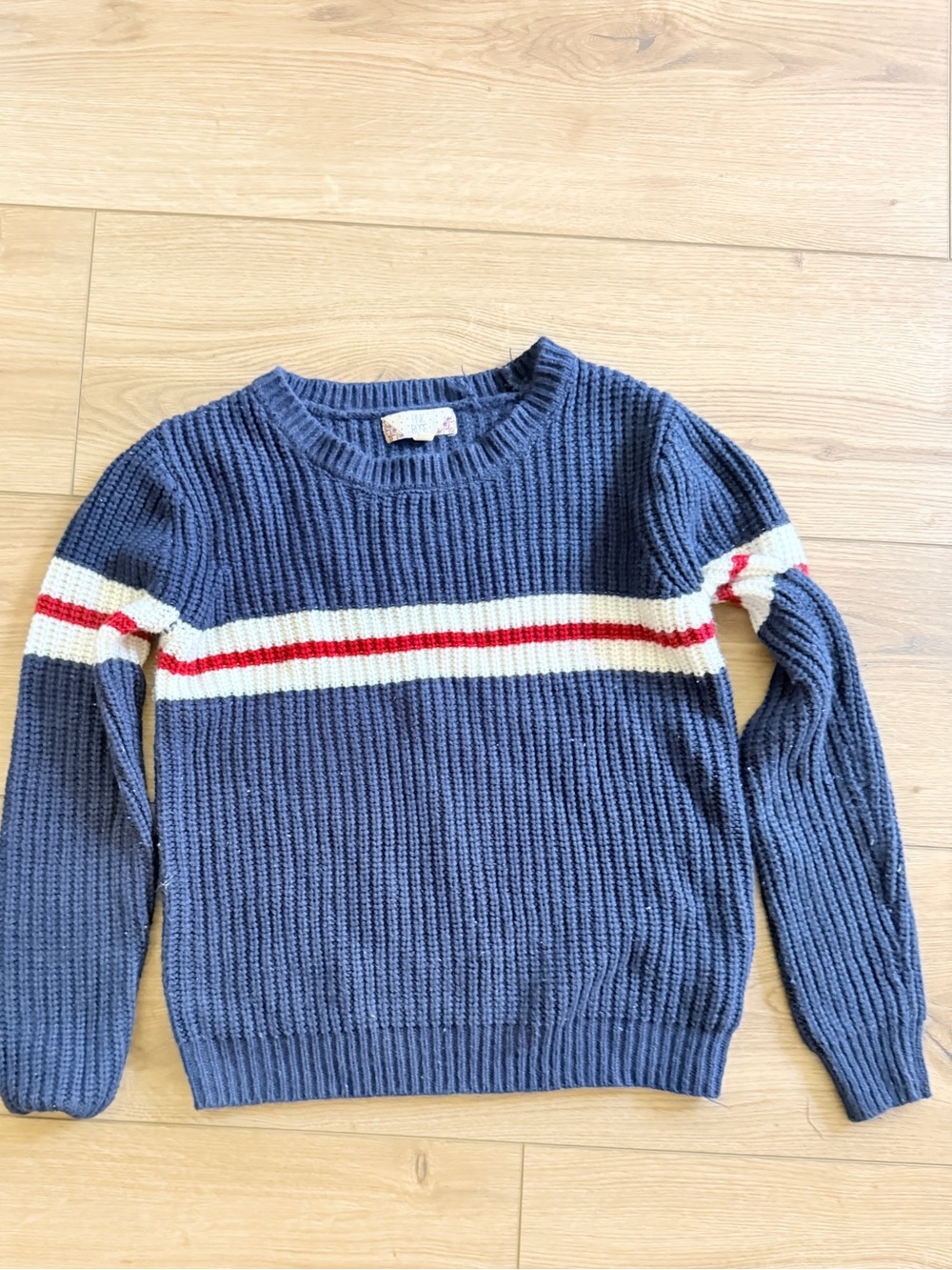 Women’s Navy Knit Sweater with White and Red Stripe